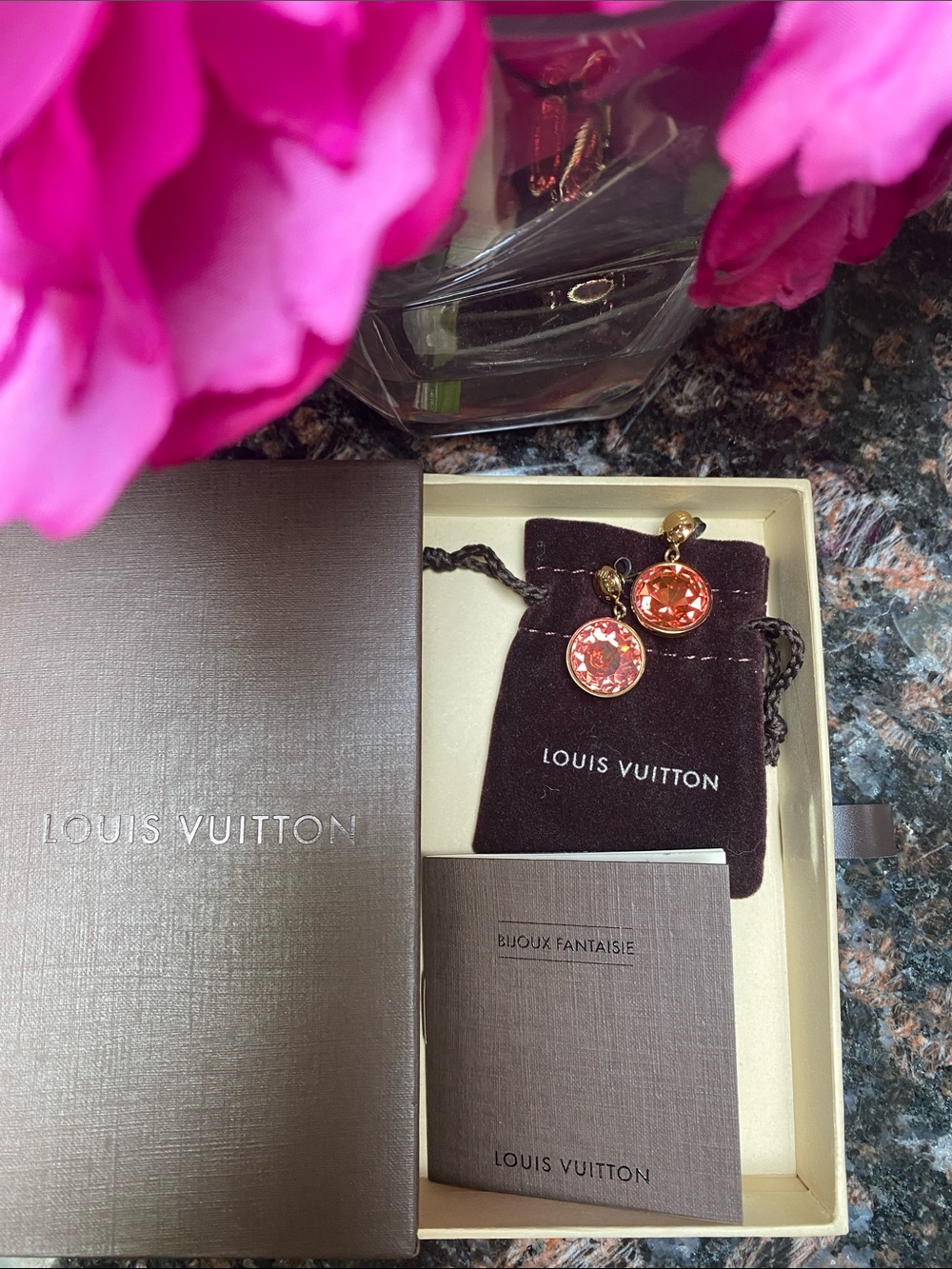 Louis Vuitton “Over the Rainbow” Gold-Tone Drop Earrings w Coral Pink Crystals!